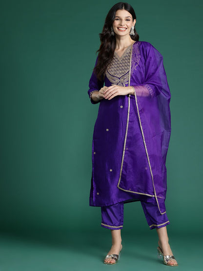 Dhiyona IE Women Ethnic Motifs Embroidered Sequinned Kurta with Trousers & Dupatta