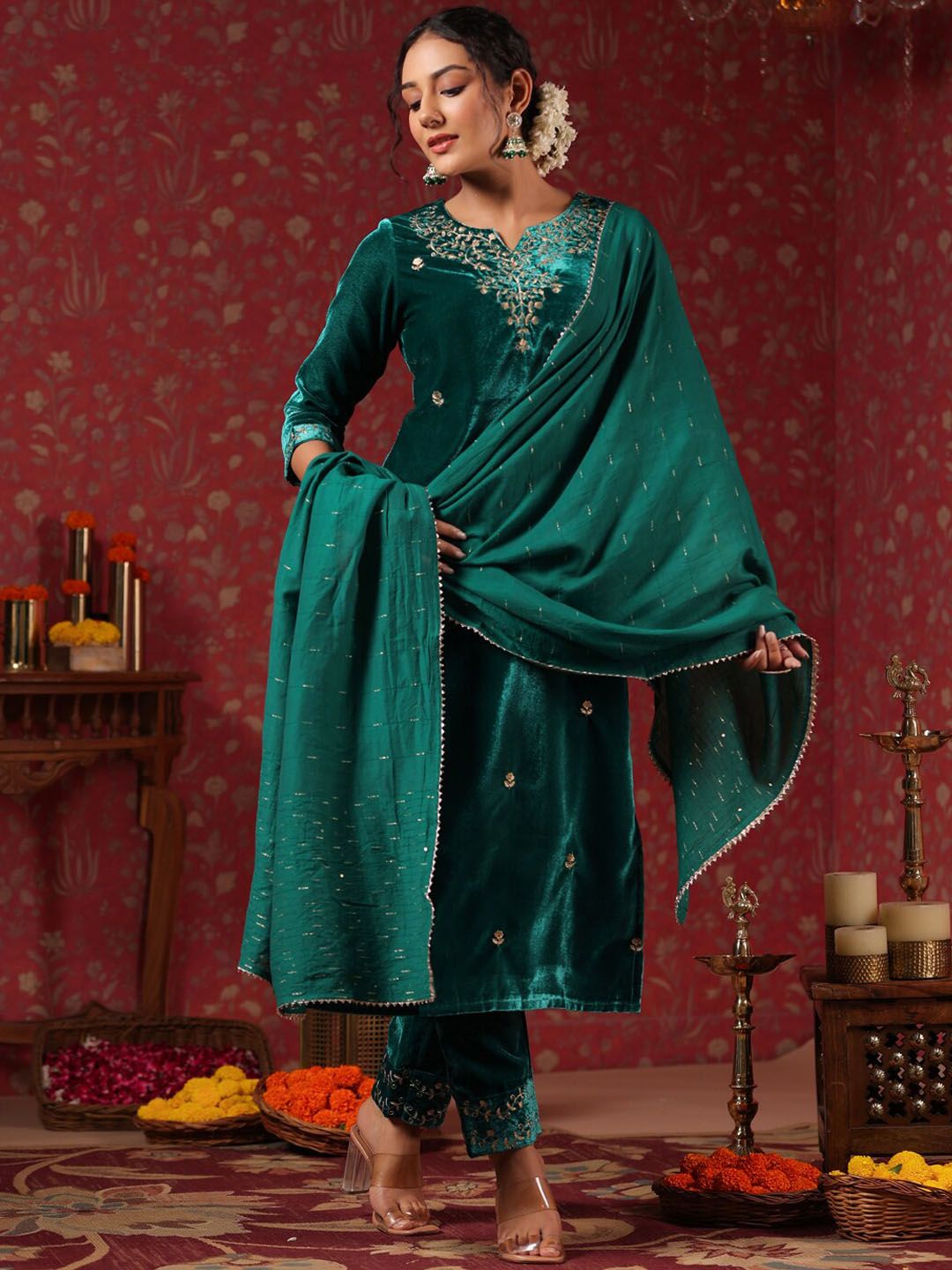 Dhiyona IS Women's Ethnic Motifs Embroidered Velvet Straight Kurta & Trousers With Dupatta