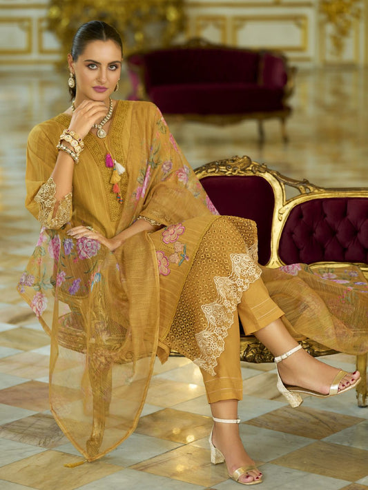 Dhiyona VA Women'sFloral Embroidered V-Neck Thread Work Pure Cotton Kurta With Trousers And Dupatta