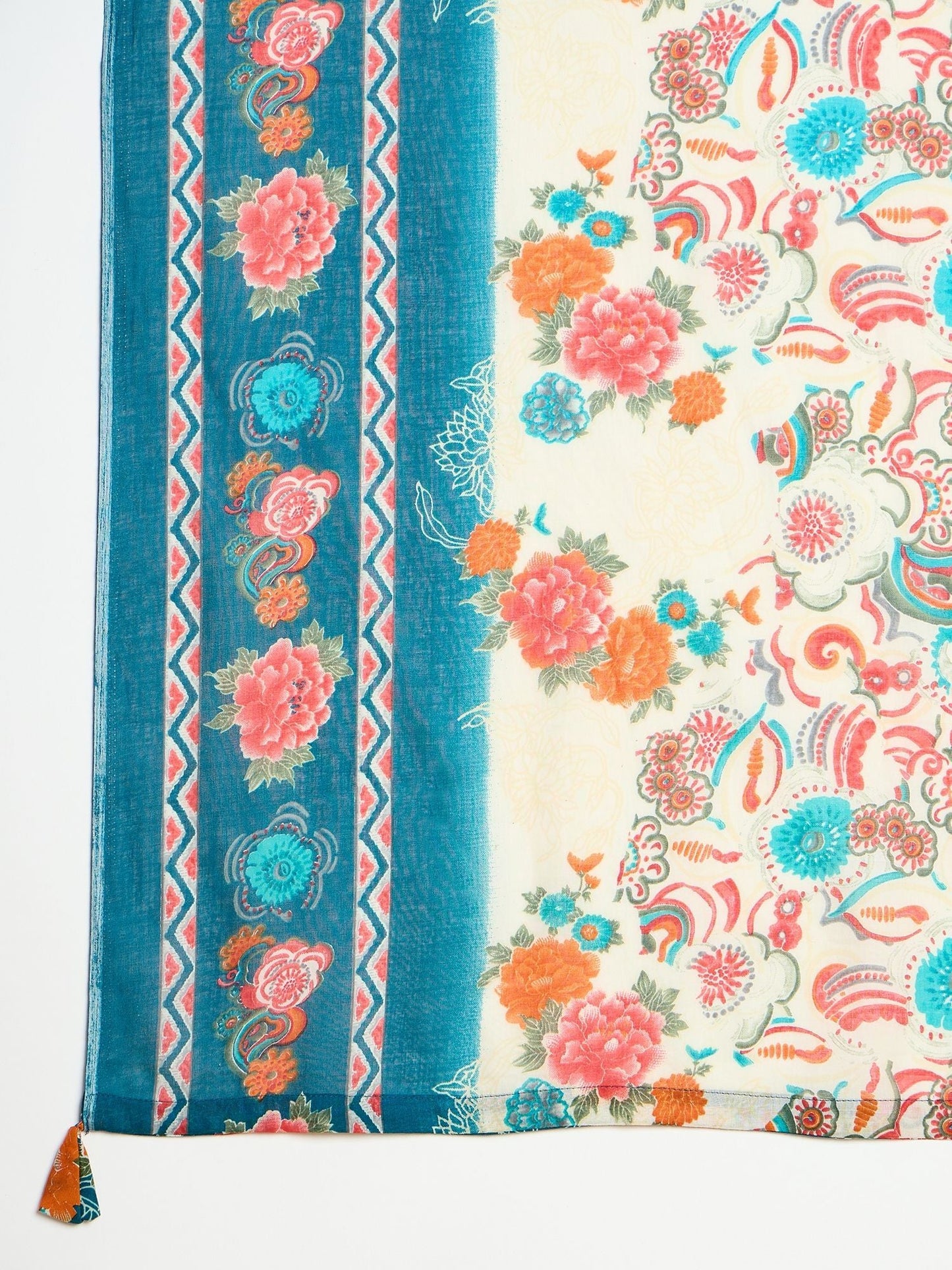 Dhiyona IE Floral Printed Mirror Work V-Neck Straight Kurta With Trousers And Dupatta