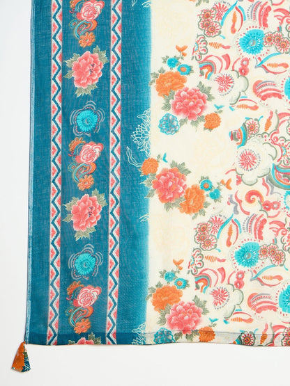 Dhiyona IE Floral Printed Mirror Work V-Neck Straight Kurta With Trousers And Dupatta
