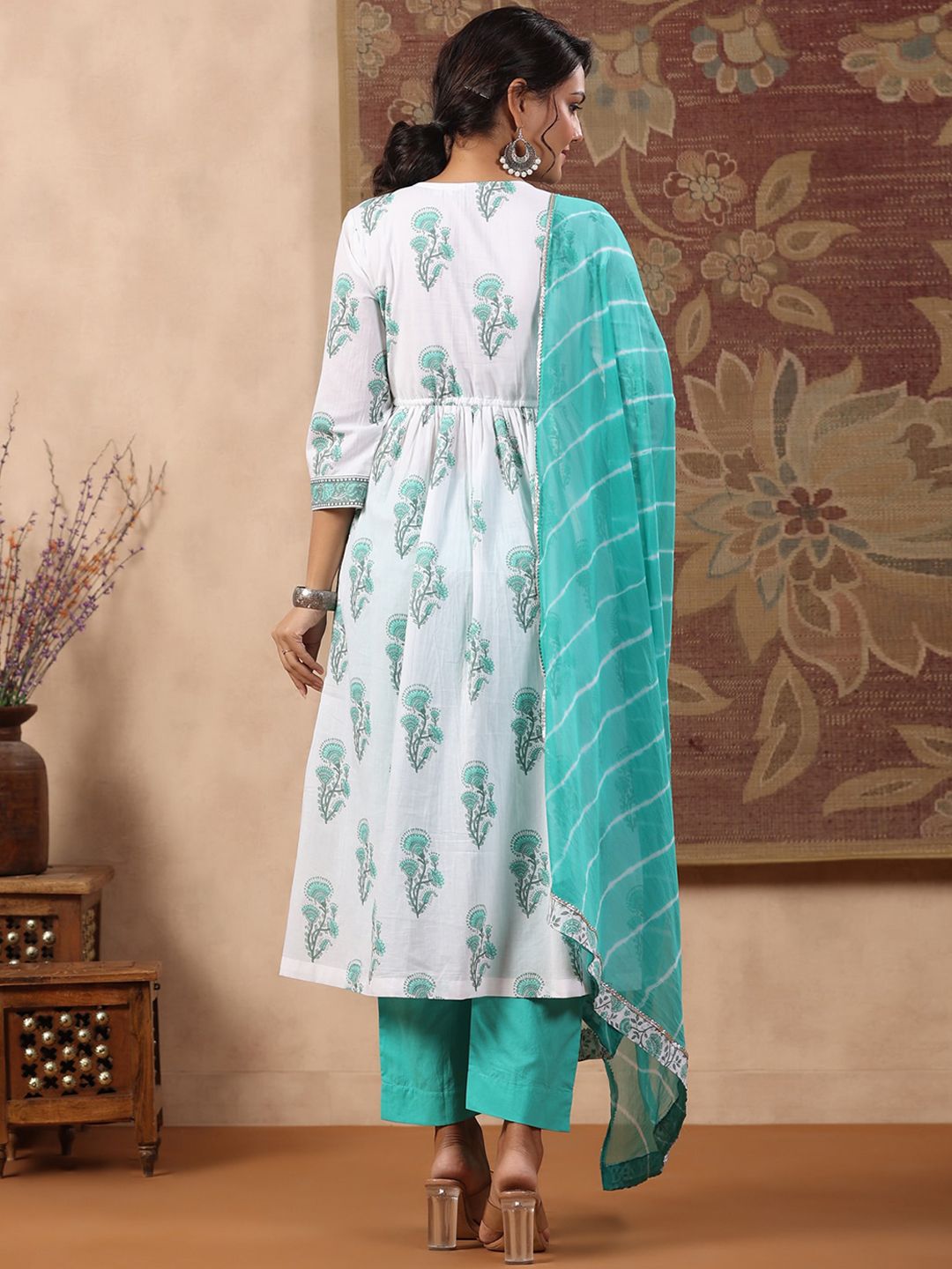Dhiyona RR Women's Floral Printed Angrakha Pure Cotton Kurta with Trousers & With Dupatta