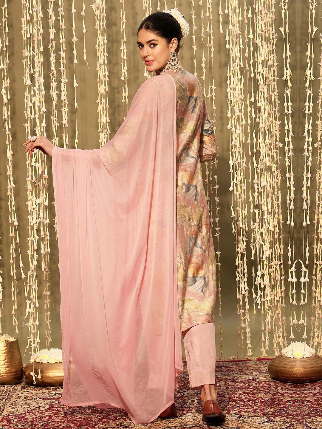 Dhiyona IE Floral Embroidered Round Neck Thread Work Straight Kurta with Trousers & Dupatta