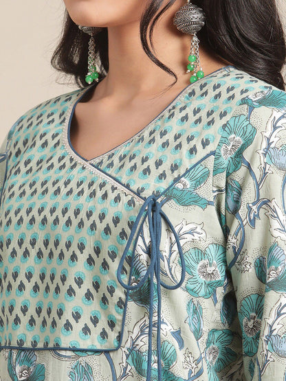 Dhiyona VA Women's Turquoise Blue Floral Printed Regular Pure Cotton Kurta with Palazzos