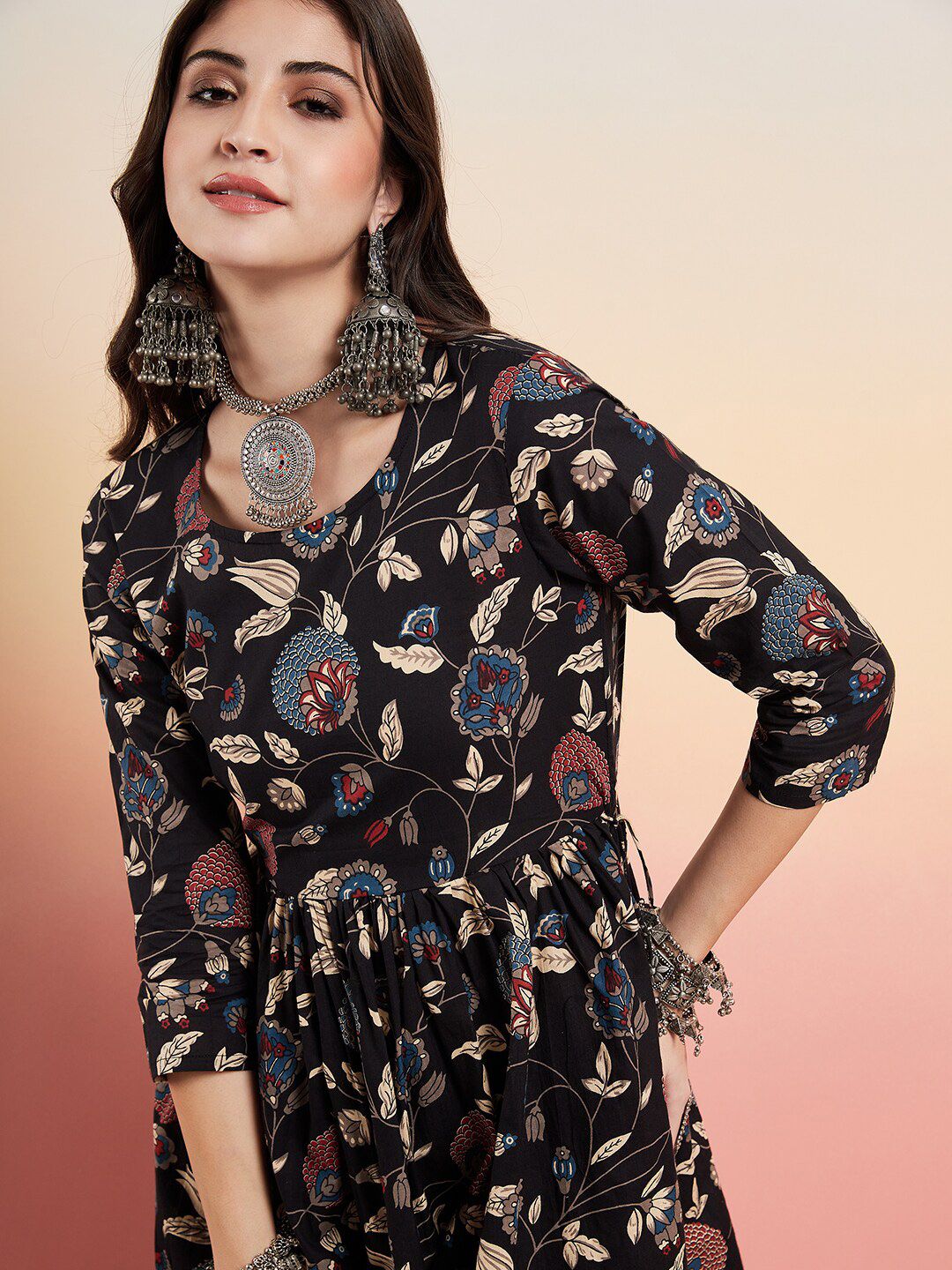 Dhiyona SN Women's Floral Printed Pure Cotton Anarkali Kurti With Sharara