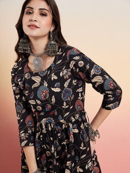 Dhiyona SN Women's Floral Printed Pure Cotton Anarkali Kurti With Sharara