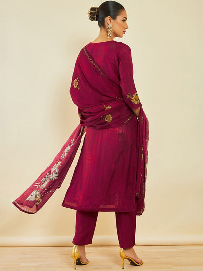 Dhiyona SO Women's Maroon Floral Printed Beads and Stones Kurta With Trousers & Dupatta