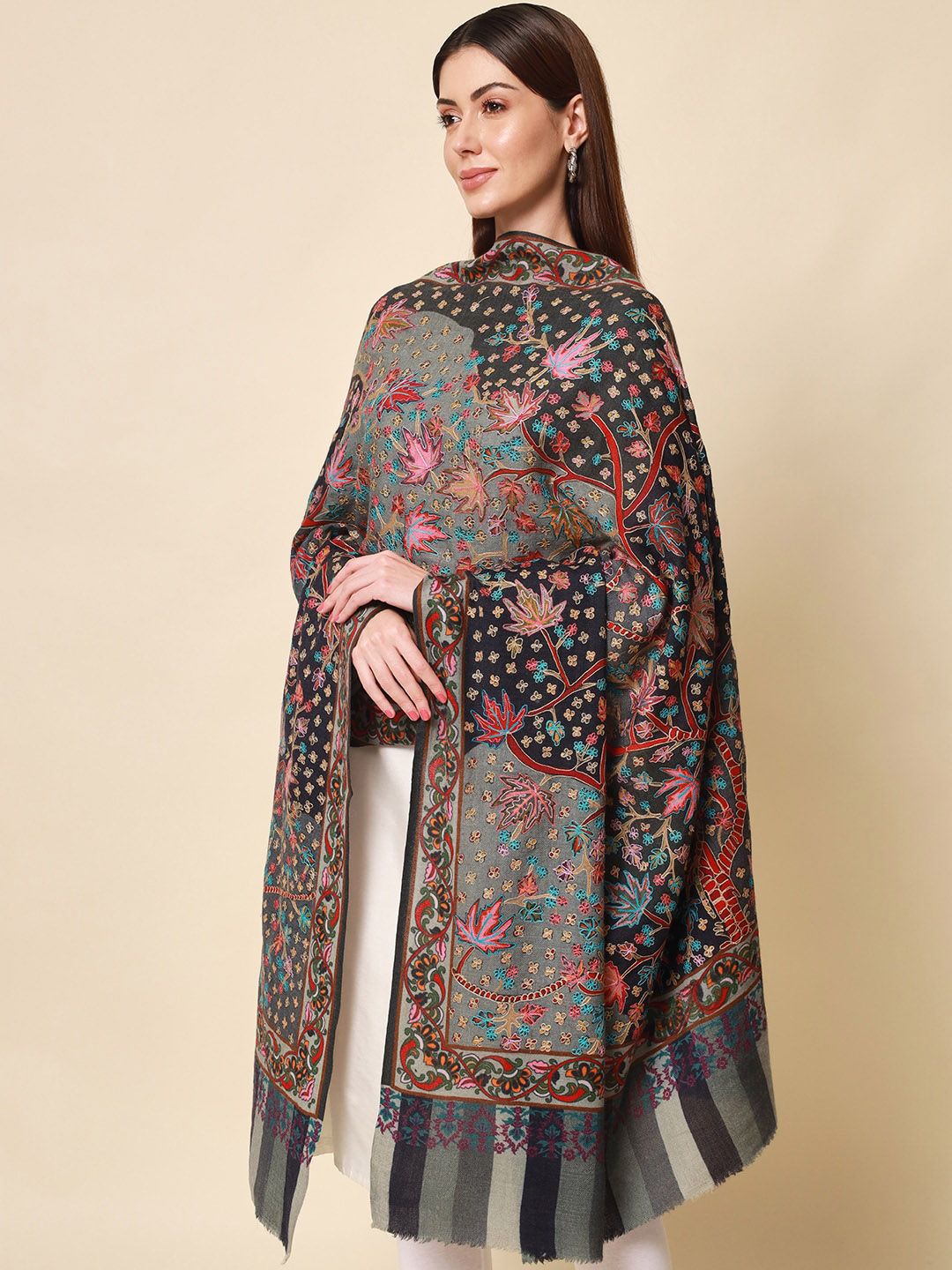Dhiyona PA Women Grey Embroidered Pure Wool Shawl