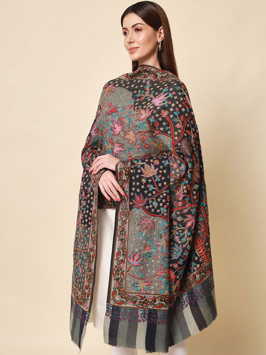 Dhiyona PA Women Grey Embroidered Pure Wool Shawl