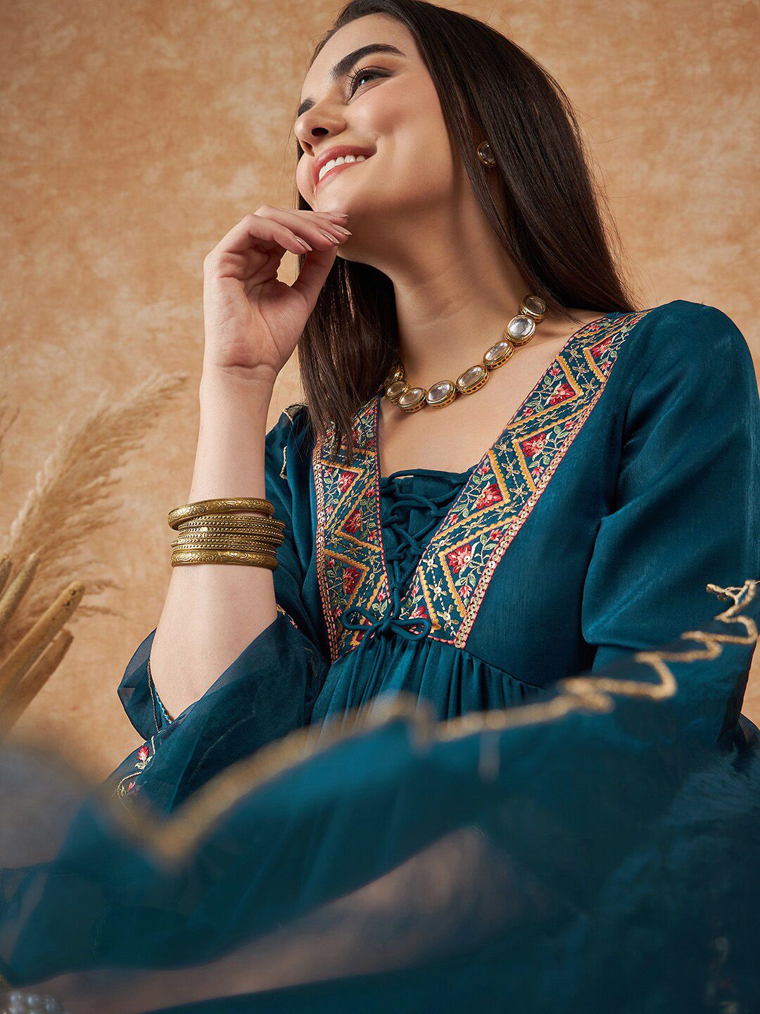 Dhiyona SN Women's Embroidered Empire Velvet Kurta With Trousers & Dupatta