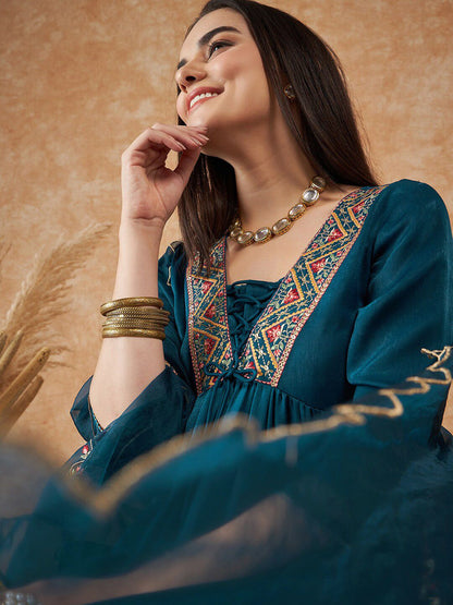 Dhiyona SN Women's Embroidered Empire Velvet Kurta With Trousers & Dupatta