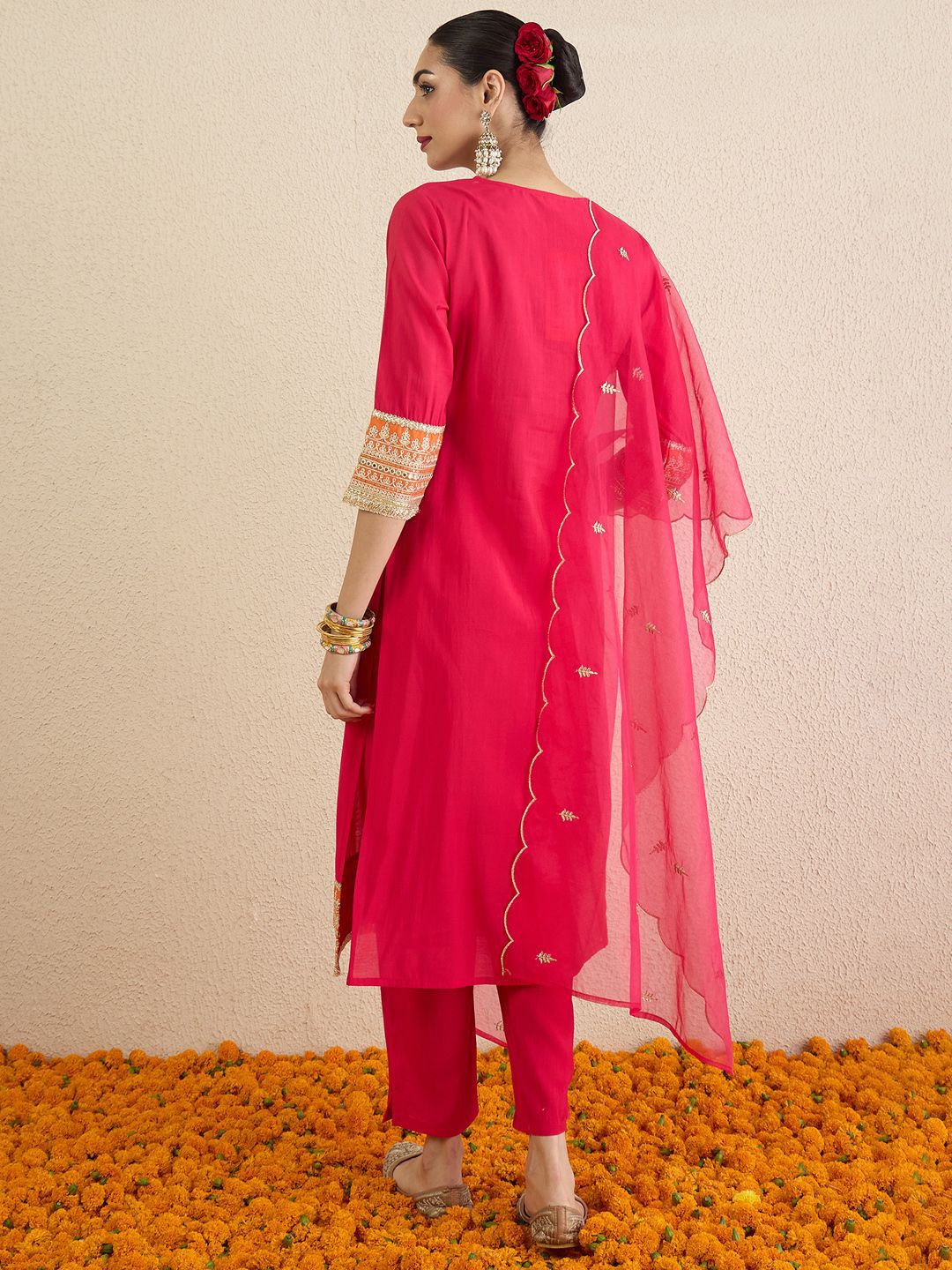 Ethnic Motifs Embroidered Notch Neck Straight Kurta With Trousers & Dupatta