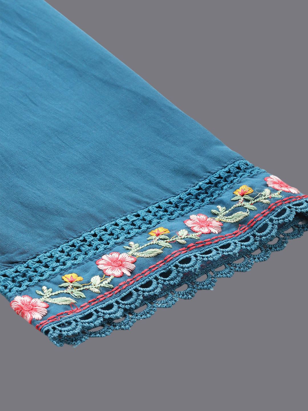 Floral Embroidered Thread Work Straight Kurta With Trousers & Dupatta