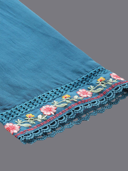 Floral Embroidered Thread Work Straight Kurta With Trousers & Dupatta