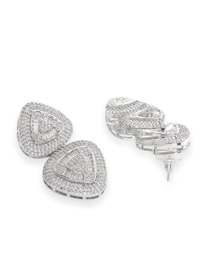 Dhiyona RJ Women's Rhodium Plated Premium AAA Crystal & Cubic Zirconia Studded Triangular Drop Earrings