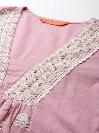 Ethnic Motifs Embroidered Pleated Thread Work Pure Cotton Kurta Set