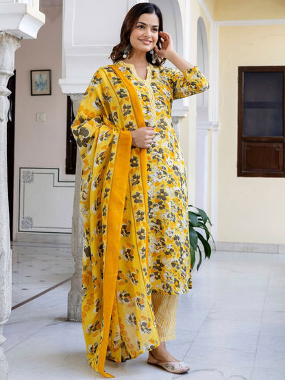 Dhiyona IE Floral Printed Mandarin Collar Pure Cotton Kurta With Trousers & Dupatta