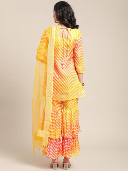 Dhiyona VA Women's Yellow Printed Gotta Patti Kurti with Sharara & Dupatta