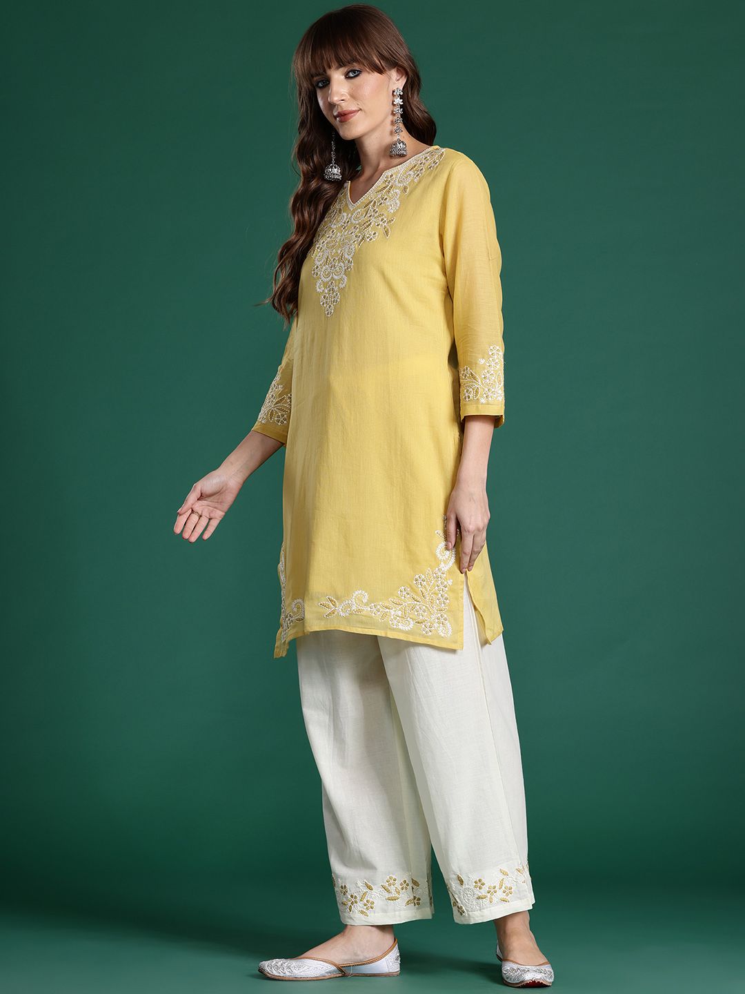 Floral Embroidered Thread Work Pure Cotton Kurti with Trousers