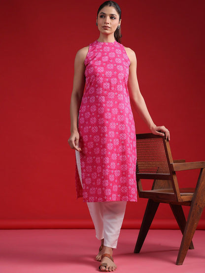 Dhiyona IE Pink & White Bandhani Printed Halter Neck Cotton Straight Kurta
