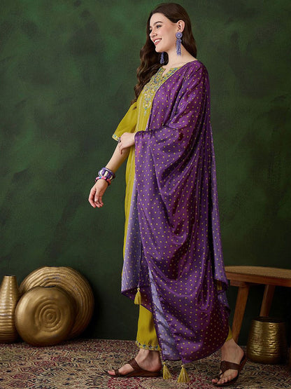 Dhiyona SN Women's Mustard Floral Embroidered Sequinned A-Line Kurta With Trouser And Dupatta