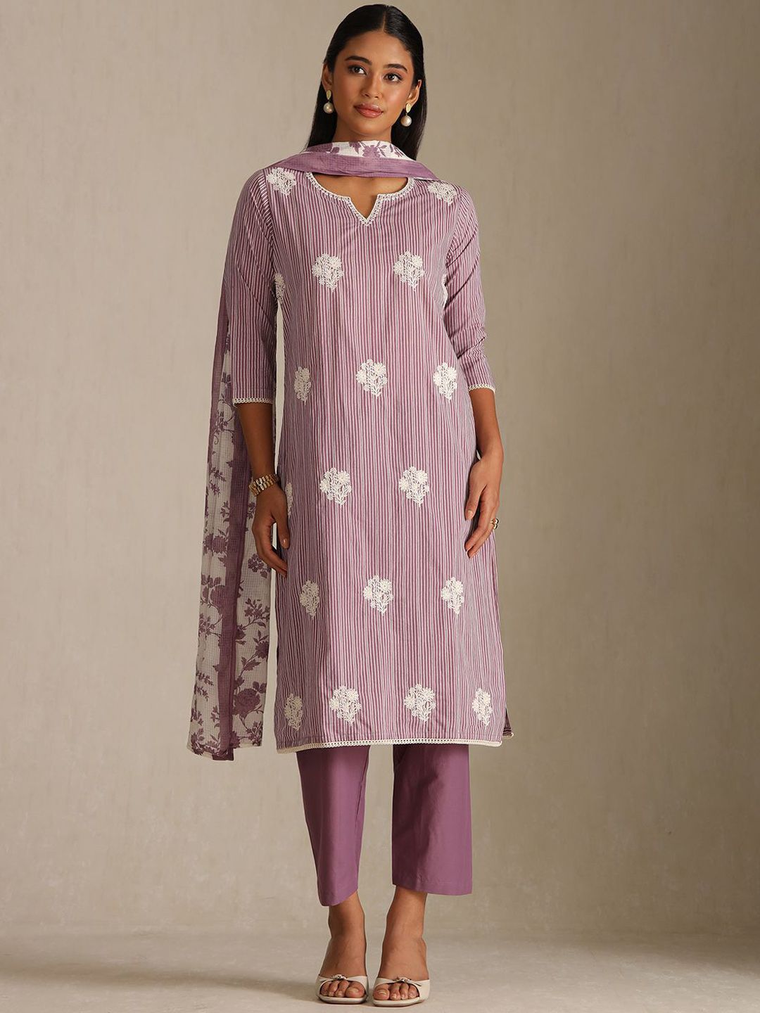Dhiyona SO Women's Women Striped Regular Thread Work Pure Cotton Kurta Trousers With Dupatta
