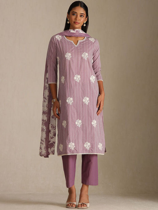 Dhiyona SO Women's Women Striped Regular Thread Work Pure Cotton Kurta Trousers With Dupatta