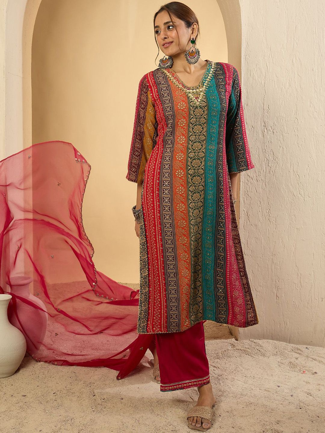 Women Ethnic Motifs Embroidered Thread Work Kurta with Palazzos & With Dupatta