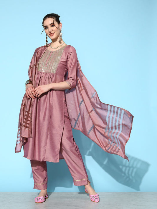 Dhiyona VA Women's Mauve Embroidered Kurta With Trousers & Dupatta