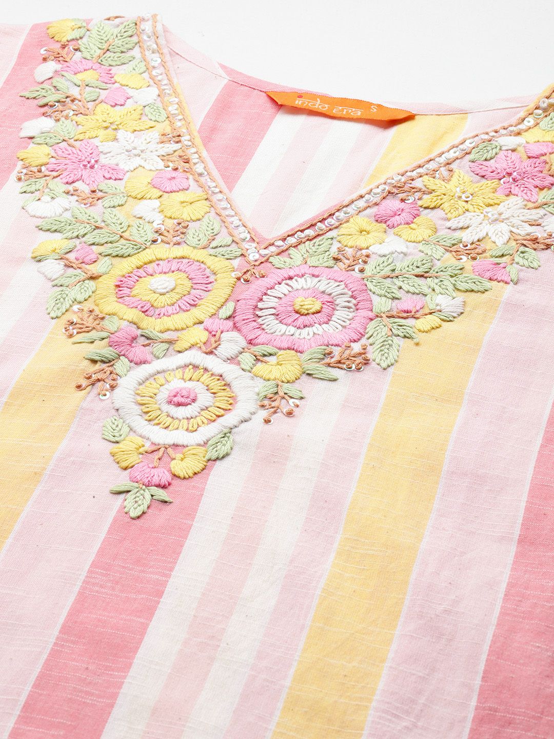 Striped Thread Work Pure Cotton Kurta with Trousers