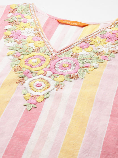 Striped Thread Work Pure Cotton Kurta with Trousers