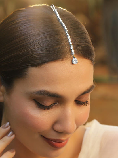 Dhiyona RJ Women's Rhodium-Plated Cubic Zirconia Studded & AD Drop Handcrafted Maang Tikka