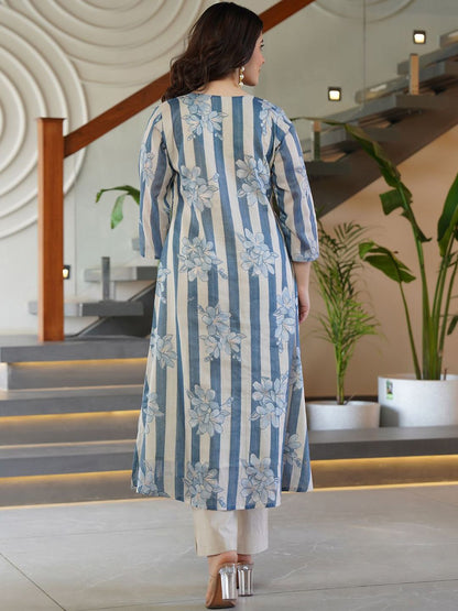 Dhiyona IE Floral Printed Round Neck A-Line Pure Cotton Kurta With Trousers