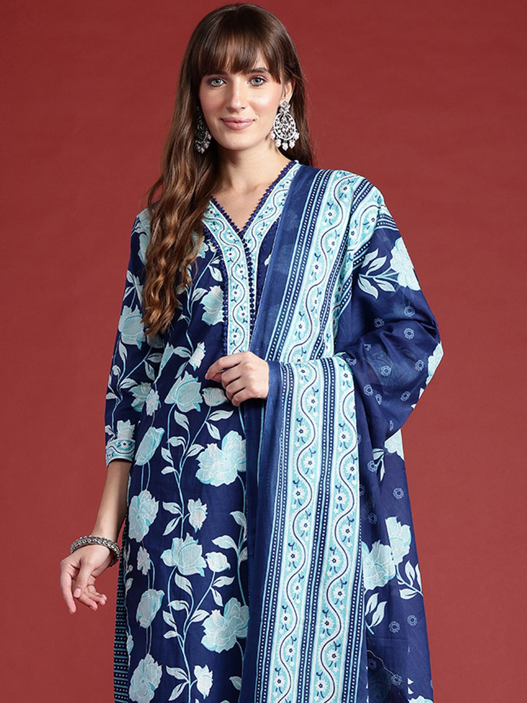 Dhiyona IE Floral Printed Pure Cotton Kurta With Trousers & Dupatta