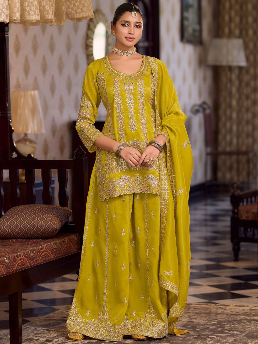 Women Ethnic Motifs Embroidered Regular Sequinned Kurta with Palazzos & With Dupatta