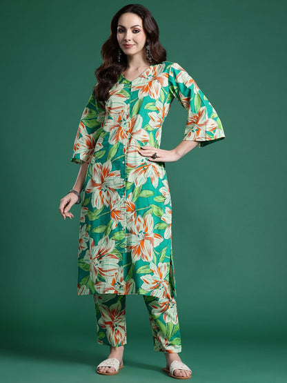 Dhiyona IE Women Floral Printed Regular Pure Cotton Kurta with Trousers