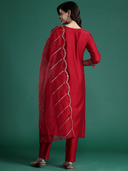 Dhiyona IE Ethnic Motifs Embroidered Sequinned Liva Kurta With Trousers & Dupatta