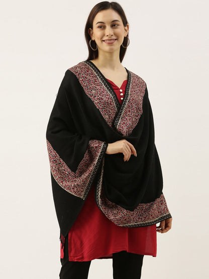 Dhiyona PA Women Black & Red Embroidered Pure Wool Shawl