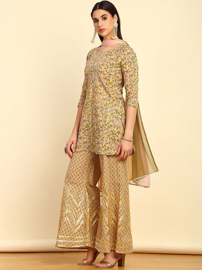 Dhiyona SO Women's Floral Printed Regular Zardozi Pure Cotton Kurti with Sharara & Dupatta