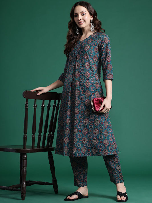 Dhiyona IE Ethnic Motifs Printed Pure Cotton Kurta with Trousers
