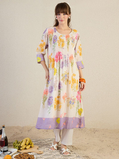 Floral Printed A-Line Pure Cotton Kurta With Trousers