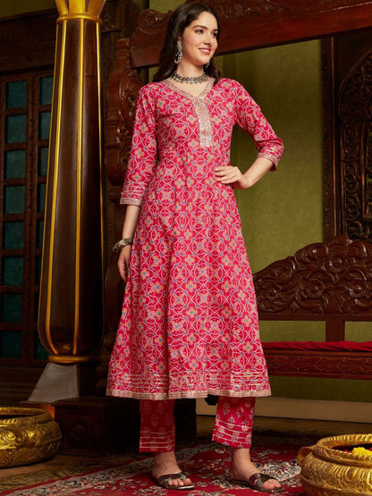 Dhiyona SN Women's Pink Ethnic Motifs Printed Sequinned Pure Cotton A-Line Kurta Set