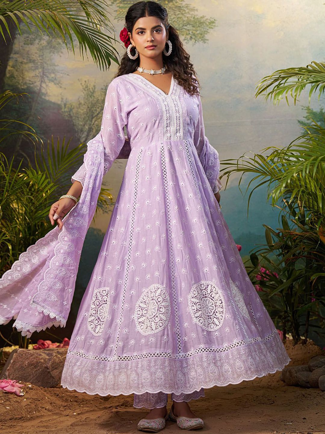Floral Embroidered Pure Cotton Anarkali Kurta With Trousers & Dupatta
