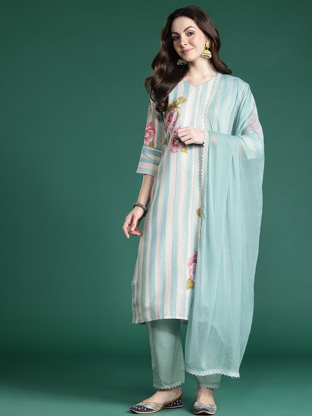 Floral Printed Beads and Stones Linen Kurta with Trousers & With Dupatta