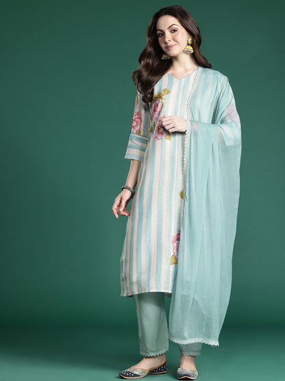 Floral Printed Beads and Stones Linen Kurta with Trousers & With Dupatta
