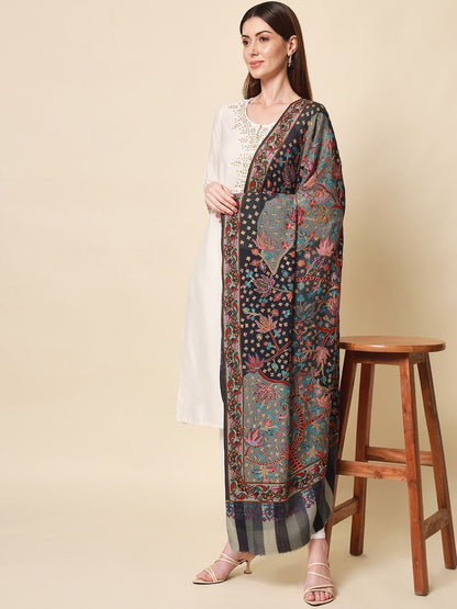 Dhiyona PA Women Grey Embroidered Pure Wool Shawl