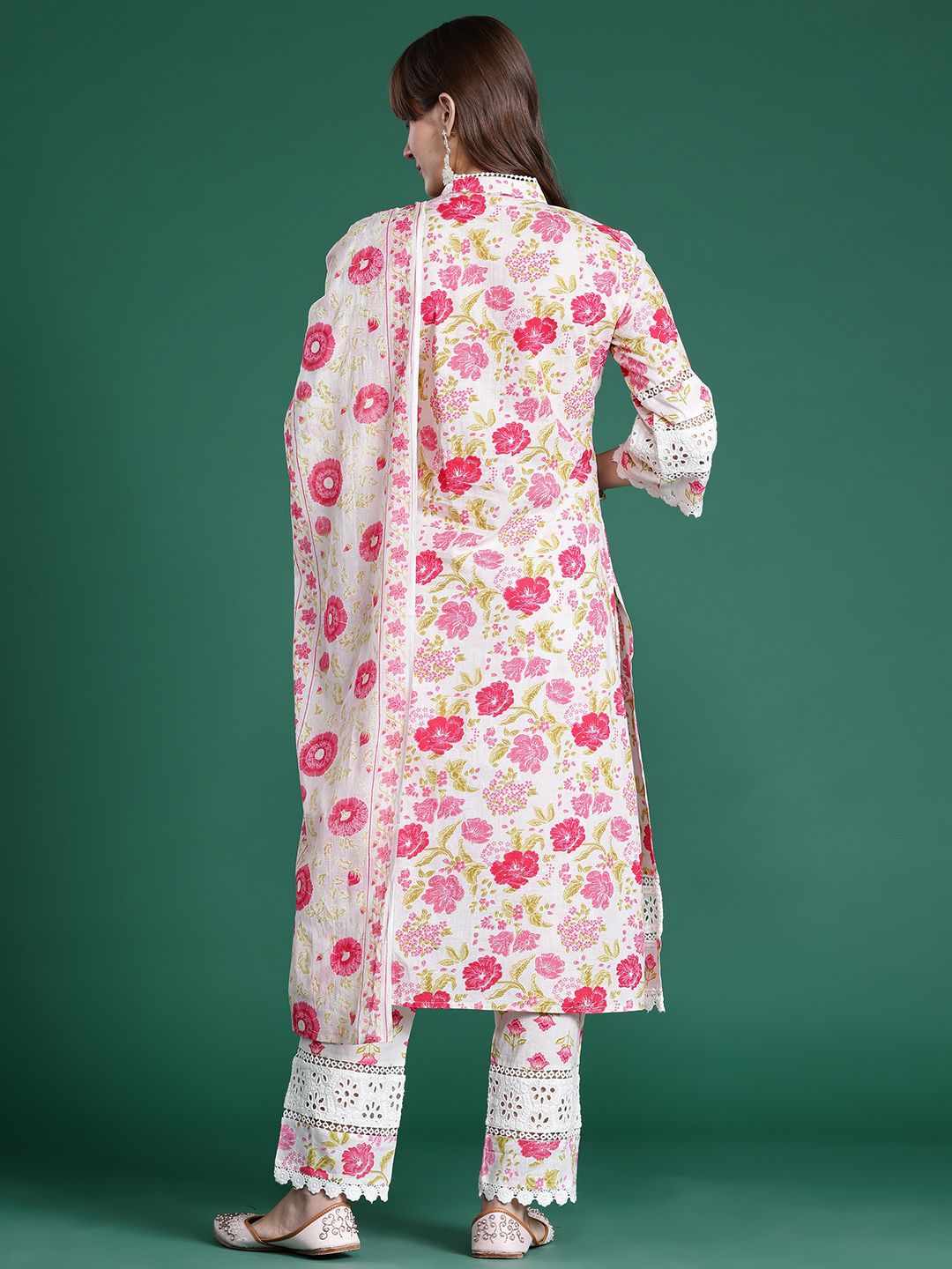 Floral Embroidered Pure Cotton Kurta with Trousers & Dupatta