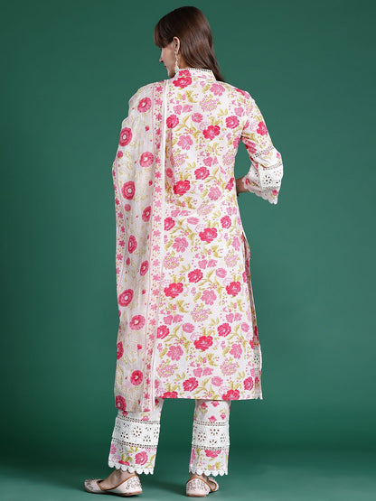 Floral Embroidered Pure Cotton Kurta with Trousers & Dupatta