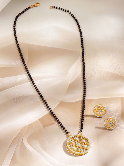 Dhiyona RJ Women's 18K Gold-Plated Cubic Zirconia Studded Floral Pendant Black Beaded Mangalsutra Set