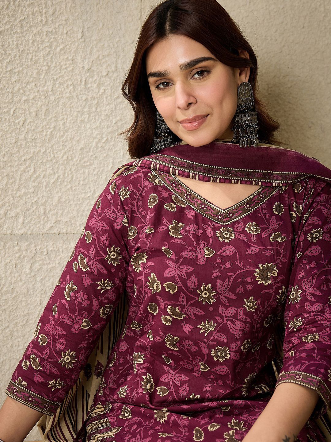 Floral Printed V Neck Pure Cotton Kurta With Salwar & Dupatta